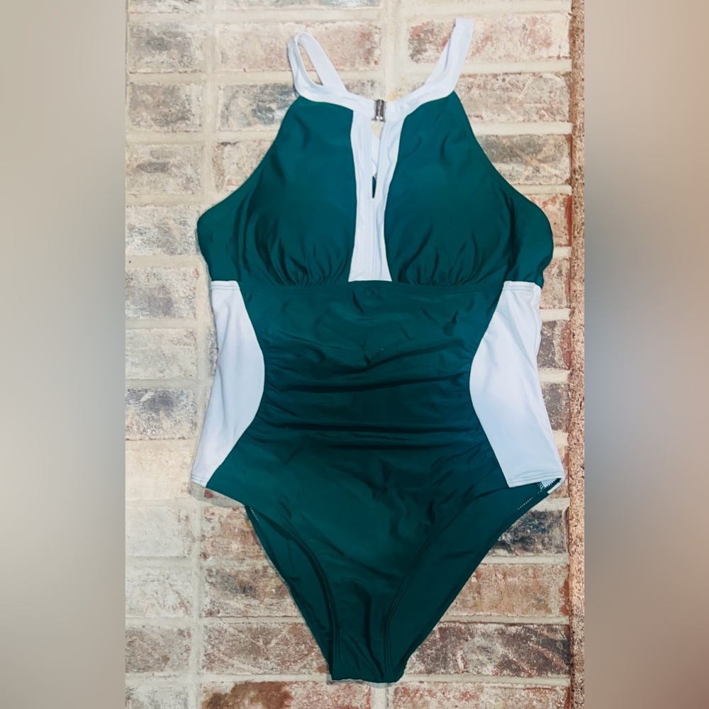 New! Sporty Green and White Color-block One-Piece Zip-Front Swimsuit, XL